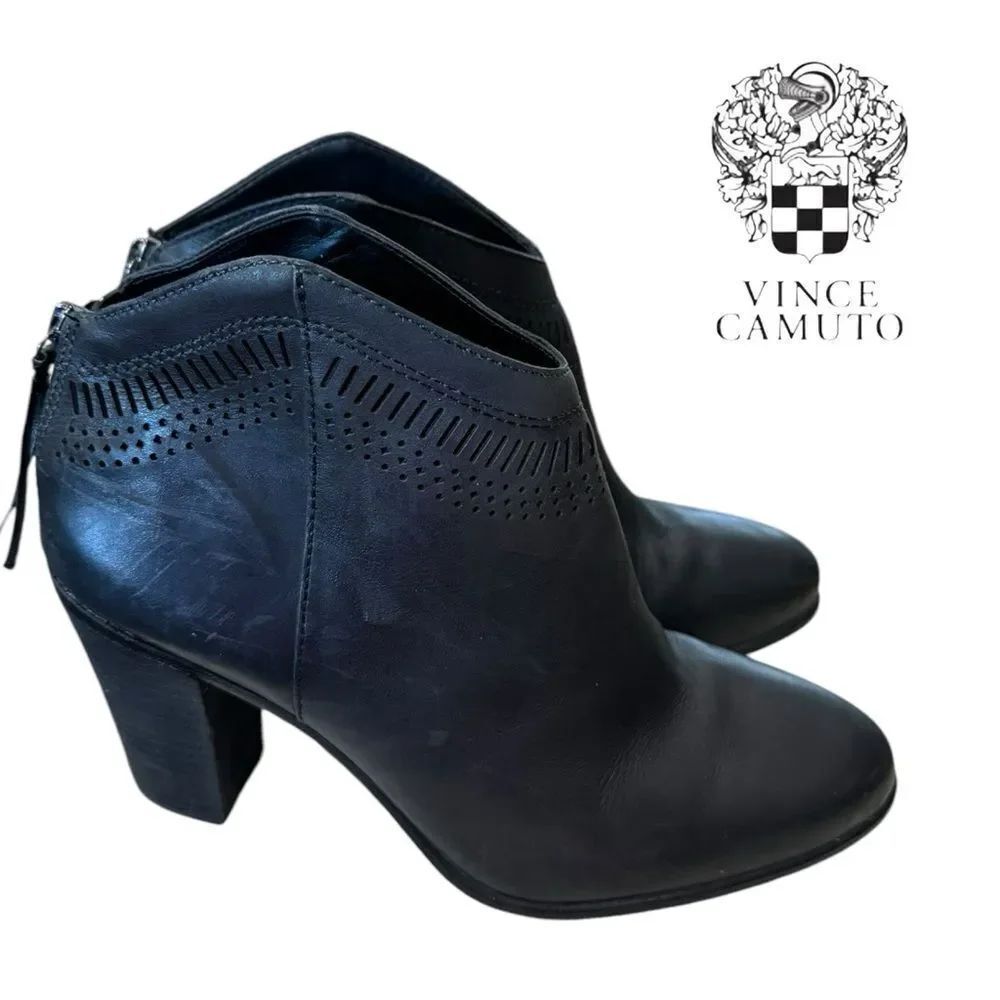 Vince Camuto Fetter Women Black Leather Laser Cut Heeled Ankle Boots Booties 11